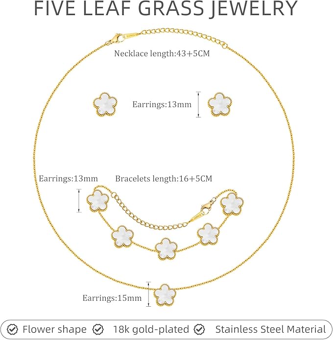 Gold Necklaces Bracelets Earring Set - 18K Gold Plated Flower Bracelet Chain,Stainless Steel Non Tarnish Floral Pendant Stud Jewelry Sets,Christmas Birthday Lucky Gift for Mom Wife Daughter Girlfriend