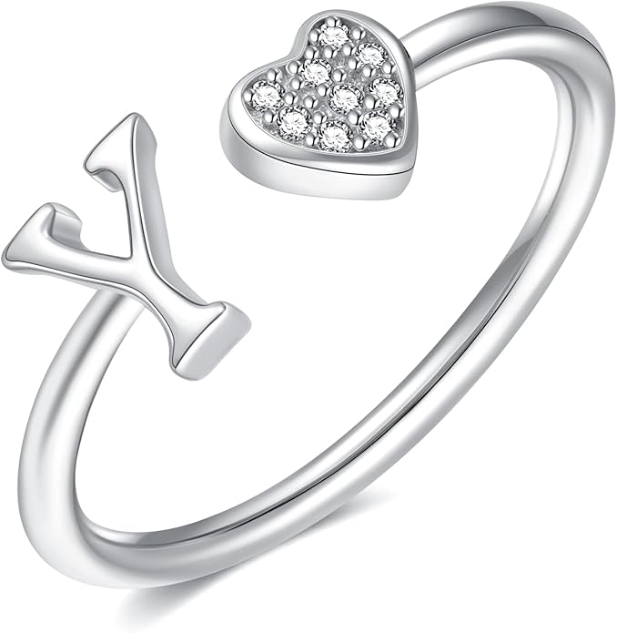 Valentines Day Gift Initial Rings for Teen Girls - S925 Heart Sterling Silver Rings for Teen Girls | 14K Gold/Rose Gold/Sterling Silver Plated Ring for Girls Kids Women Ring for Teenager Girls Gifts Adjustable, No Tarnish, Hypoallergenic