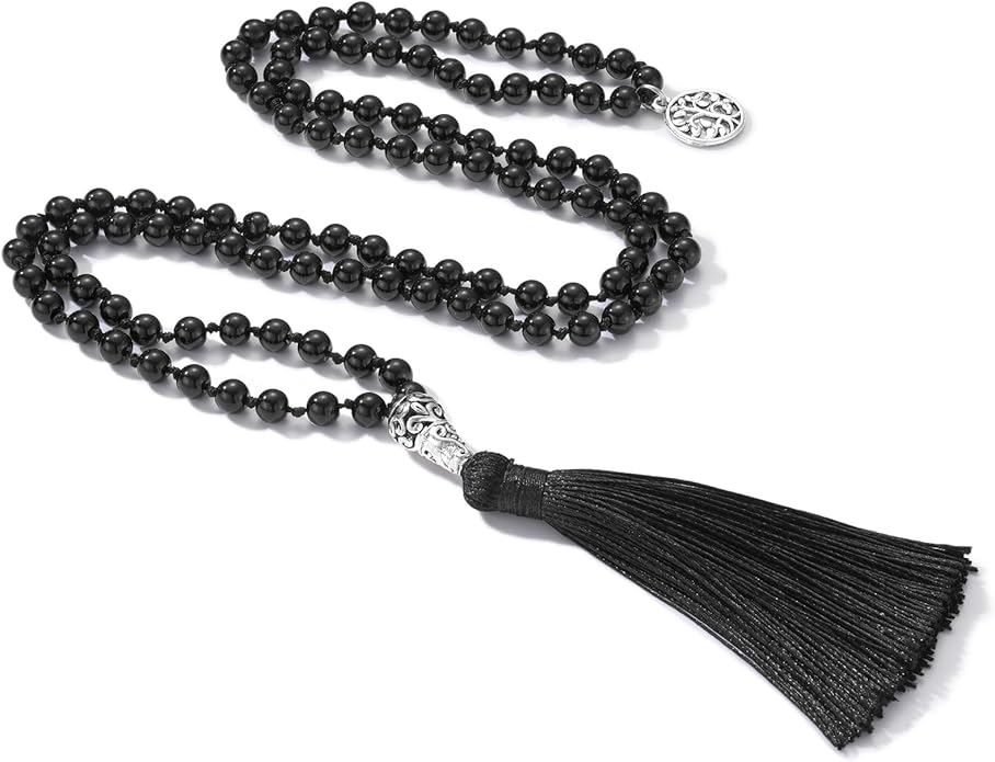 INBLUE 108 Mala Prayer Beads Wrap Necklace with Long Tassel Boho Necklace for Women Amazonite Bead Bracelet with Spiritual Tree of Life Pendant 108 Beads Necklace for Meditation