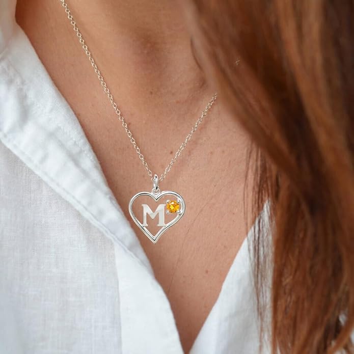 Silver Sterling Necklace Initial Letter A-Z Birthstone for Women – Personalized Custom Jewelry Pendant with Heart Design Customized Dainty Charm for Wife Girlfriend Mom – 18" Box Chain