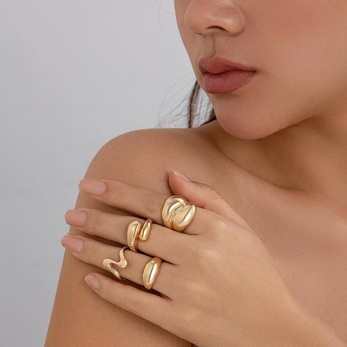 MIFYNN Chunky Gold Rings for Women Gold Silver Adjustable Thick Ring Fashion Statement Ring Open Dome Ring Chunky Silver Rings Geometric Curved Minimalist Simple Rings
