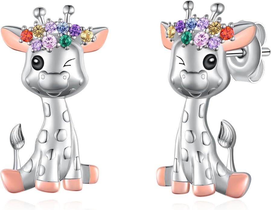 Axolotl/Highland Cow/Panda/Giraffe Stud Earrings 925 Sterling Silver Cute Animal Earrings with with Colored Zircon Animal Jewelry Gift for Girls Women