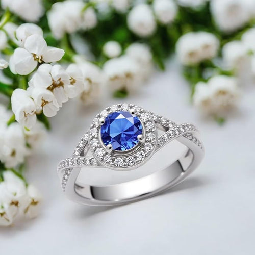 1.22 Carat (ctw) Round-Cut Halo Lab-Grown Sapphire/Lab-Grown Diamond/Moissanite Twisted Wedding Engagement Ring for Women 925 Sterling Silver/10K/14K/18K Real Gold Engagement Rings Jewelry(D Color, VVS Clarity), Size 3-14