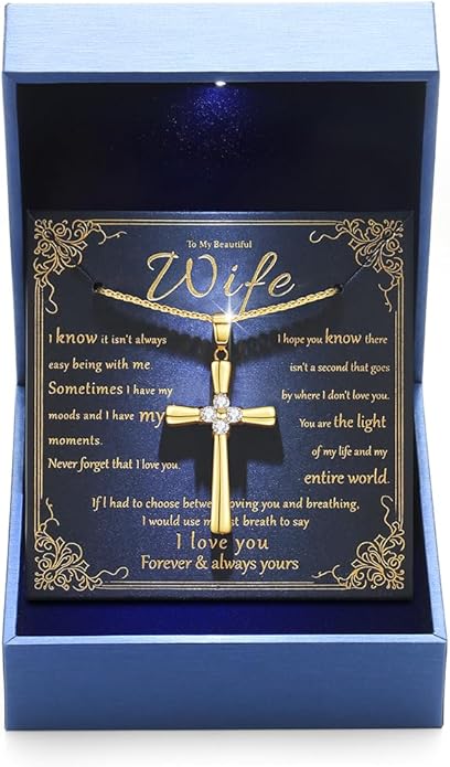 Gold Moissanite Cross Necklace for Women Wife in Light-Up Gift Box,Love Card - Women Anniversary Birthday Gifts Ideas for Wife Her Girlfriend, Christian Cross Chain Jewelry 1CT (18K Real Gold Filled)