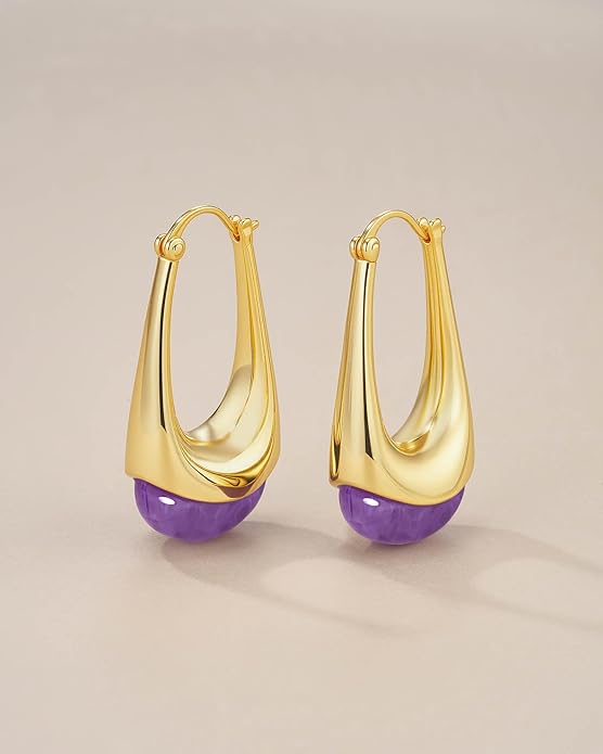 Long Oval Chunky Dangle 18K gold plated Hoops with Colored Resin Gemstone Statement Earrings for Women by SNGIA, (Green, Brown, Blue, Pink, White, Cream), Bold Drop Handmade Exaggerated Irregular Trendy Bohemian Jewelry Gifts, Unique Dangling Teardrop ...