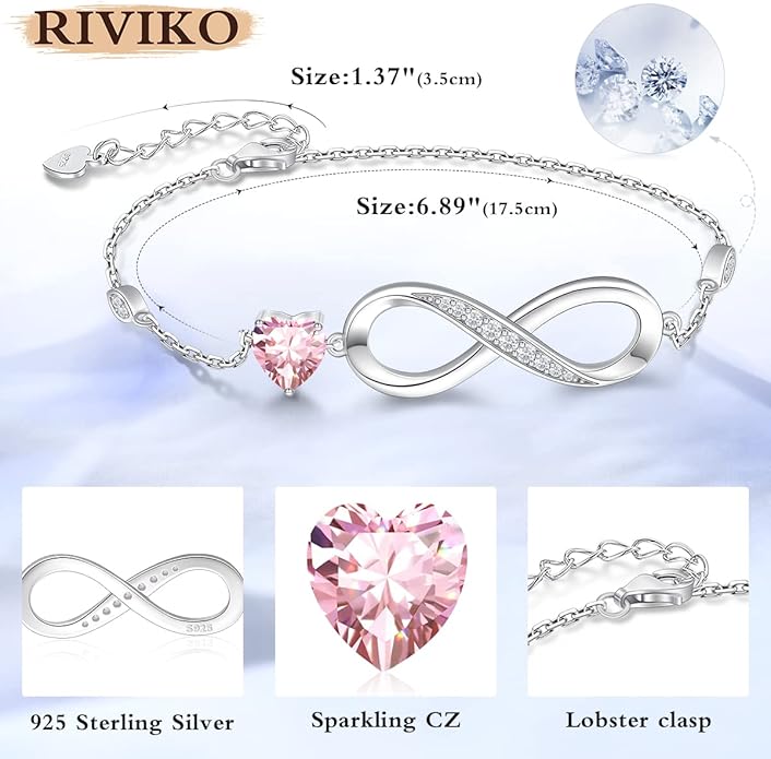 RIVIKO Infinity Love Heart Symbol Charm Bracelet for Women 925 Sterling Silver Adjustable Birthday Valentine’s Day Christmas Mothers Day Jewelry Gift for Mom Women Wife Her Friends