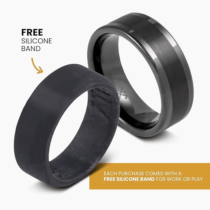 Manly Bands: Mens Black Plated Tungsten and Black Zirconium Wedding Bands and Rings - Comfort Fit and Stylish Black Rings for Men, Free Silicone Ring Included