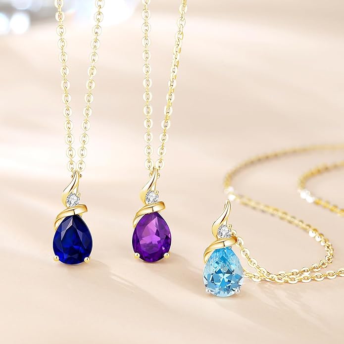 FANCIME 14K Solid Yellow Gold Birthstone Pendant Necklace for Women with Diamond Pear Shaped Teardrop Necklace Birthday Gifts for Mom Women Sterling Silver Chain 16" + 2" Extender