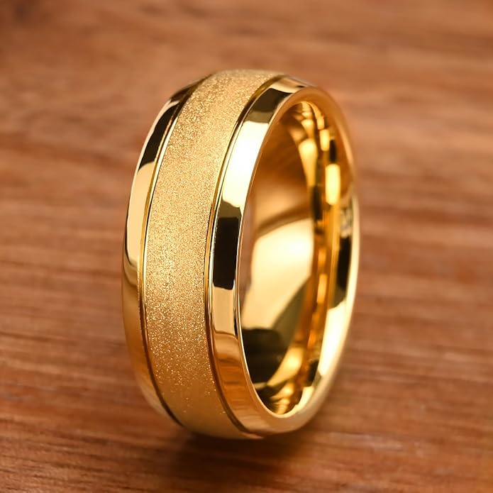 Golden Tungsten Carbide Ring for Men Women 8mm/6mm Sandblasted Inlaid Groove Men's Engagement Wedding Bands Fashionable and Luxurious
