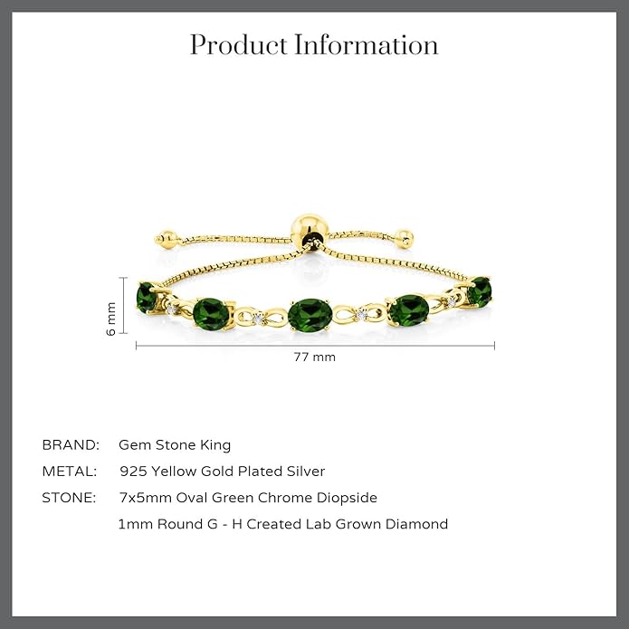 Gem Stone King 7X5MM Oval Cut Gemstone Birthstone and Accent Lab Grown Diamond Tennis Bracelet For Women In 18K Yellow Gold Plated Silver | Adjustable Bolo Bracelet For Women | Easy-On Easy-Off