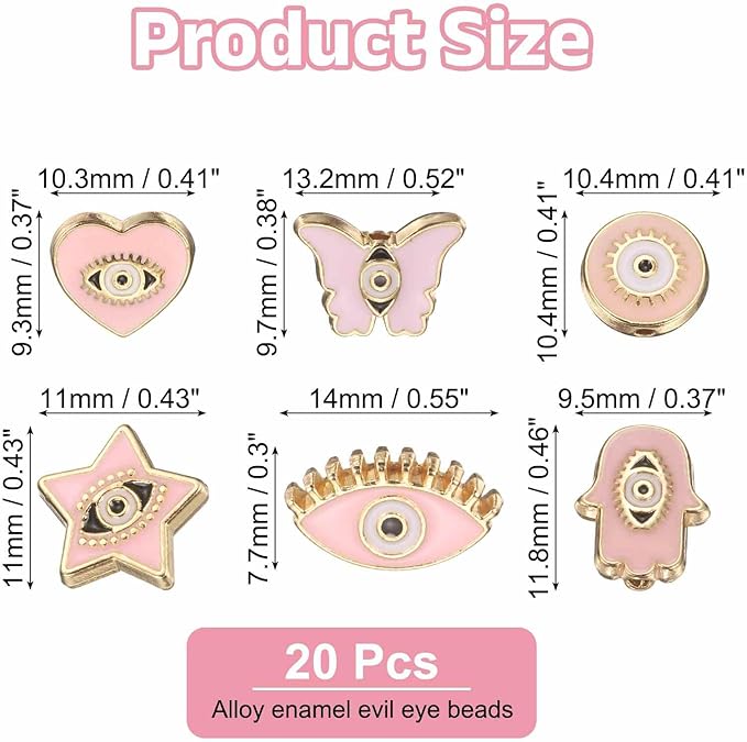 MECCANIXITY 30 Pcs Evil Eye Beads Bulk Colorful Alloy Enamel Loose Spacer Charm Beads for DIY Bracelet Earrings Necklace Crafts Jewelry Making, Pink