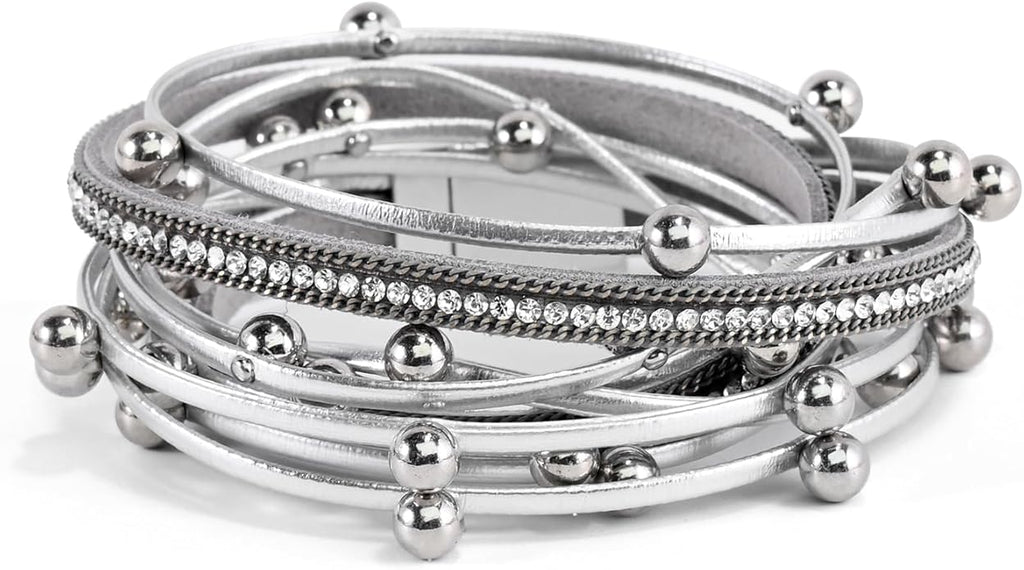 Wrapped Bracelets for Women,Leather Bracelet,Boho Bracelets for Women,Multi-Layer Pearl Crystal Bracelet Bangle Jewelry