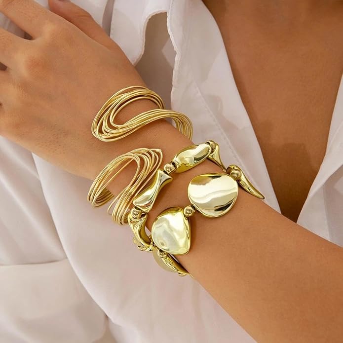 Chunky Gold Bracelets for Women,Trendy Geometric Cuff Bracelet,Layered Stacked Statement Bangle Set, Fashionable Anniversary Jewelry Accessories Gifts