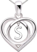 ALOV Jewelry Sterling Silver Initial Letter Alphabet Love Heart Cubic Zirconia Pendant Necklace