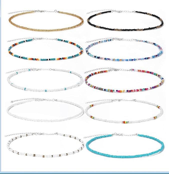 MYANAIL 10PC Colorful Beads Choker Necklace Set for Women Boho Beaded Glamour Choker Jewelry Bohemian Bead Necklace Chain