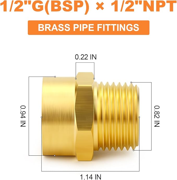 GASHER 5Pcs 1/2" G Thread Female × 1/2" NPT Thread Male Brass Pipe Fitting - Image 2
