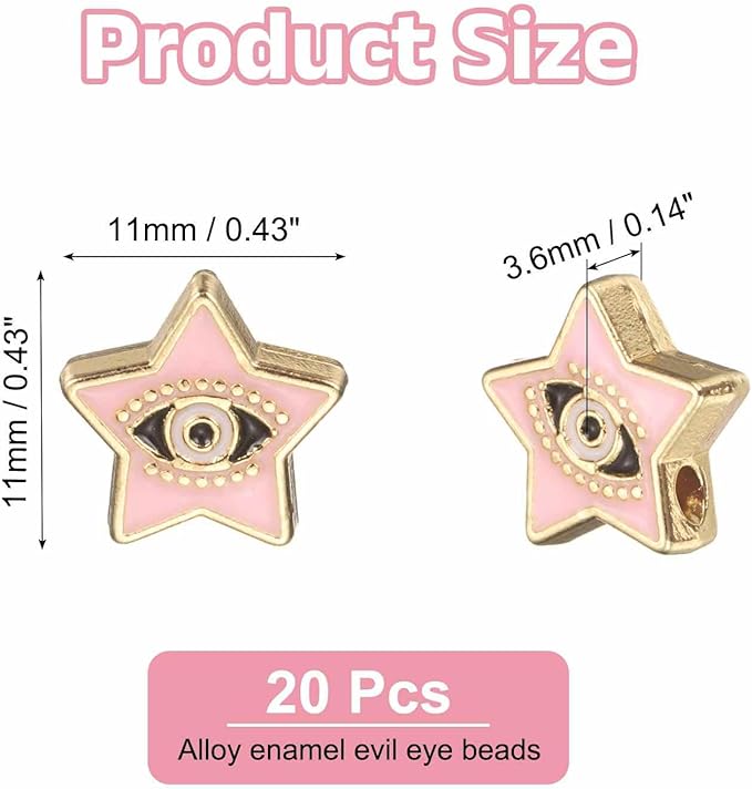MECCANIXITY 20 Pcs Star Evil Eye Beads Colorful Flat Loose Spacer Evil Eye Charms for DIY Bracelet Earrings Necklace Crafts Jewelry Making, Pink