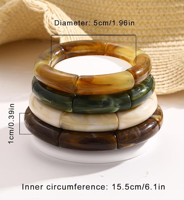iF YOU 6pcs Chunky Acrylic Bangle Bracelets for Women, Resin Bamboo Brown Stretchy Bracelet Stack, Fashion Jewelry for Women