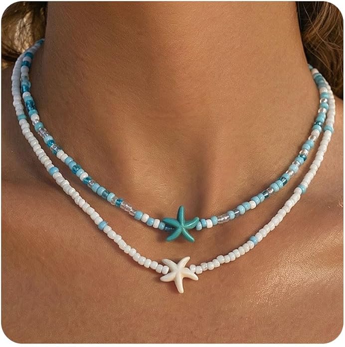 Women's Shell Starfish Boho Layered Beaded Necklace Choker for Summer Beach Vacation Gifts for Birthday/Anniversary/Christmas