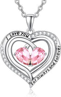 Valentine's Day Gifts for Wife 925 Sterling Silver Double Birthstone Pendant Necklaces I Love You for Always and Forever Necklace Anniversary Birthday Gifts for Wife Girlfriend Mom Her