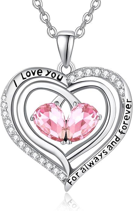 Valentine's Day Gifts for Wife 925 Sterling Silver Double Birthstone Pendant Necklaces I Love You for Always and Forever Necklace Anniversary Birthday Gifts for Wife Girlfriend Mom Her