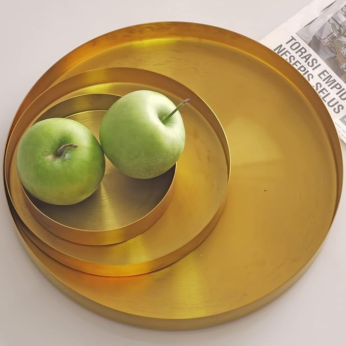 FREELOVE 12 Inch Brushed Gold Round Tray, Stainless Steel Brass Decorative Tray - Image 7