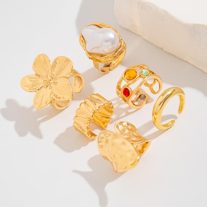 CJIAYUJEW Chunky Gold Flower Rings Pearl Stacking Statement Rings for Women Silver Chunky Knuckle Ring Set Adjustable Pearl Finger Ring Sets