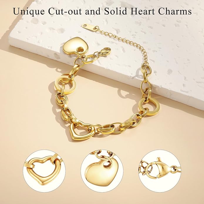 Emibele Heart Charm Bracelet for Women, Bible Verse Bracelet Stainless Steel 18K Gold Plated Bracelet Love Pendant Link Chain OT Clasp, Birthday Christmas Jewelry Gift for Mother Her
