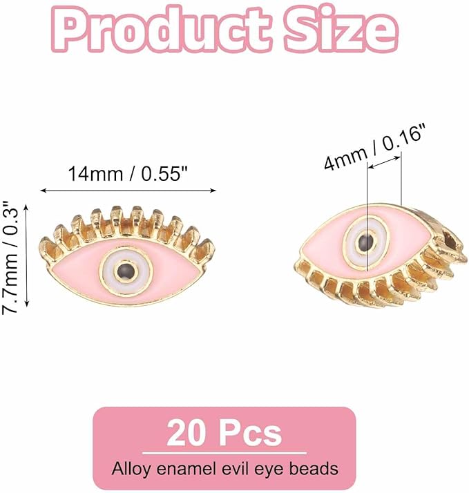 MECCANIXITY 20 Pcs Eye Shaped Evil Eye Beads Colorful Flat Loose Spacer Evil Eye Charms for DIY Bracelet Earrings Necklace Crafts Jewelry Making, Pink