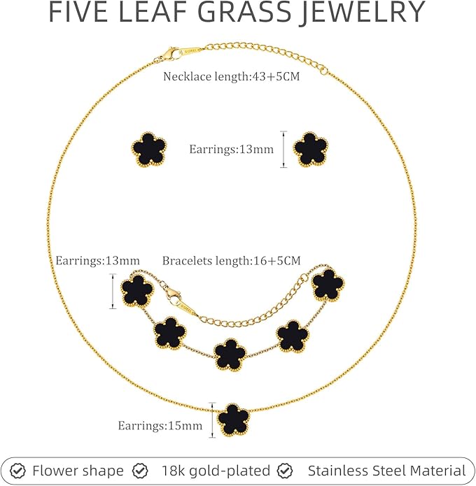 Gold Necklaces Bracelets Earring Set - 18K Gold Plated Flower Bracelet Chain,Stainless Steel Non Tarnish Floral Pendant Stud Jewelry Sets,Christmas Birthday Lucky Gift for Mom Wife Daughter Girlfriend