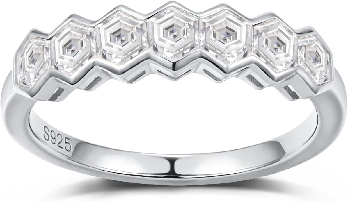 FWM D Color VVS1 Clarity Moissanite Hexagonal Eternity Rings for Women, Solid 925 Sterling Silver, Size 4-11, Stackable Wedding Band, Anniversary Mothers Day Valentines Jewelry