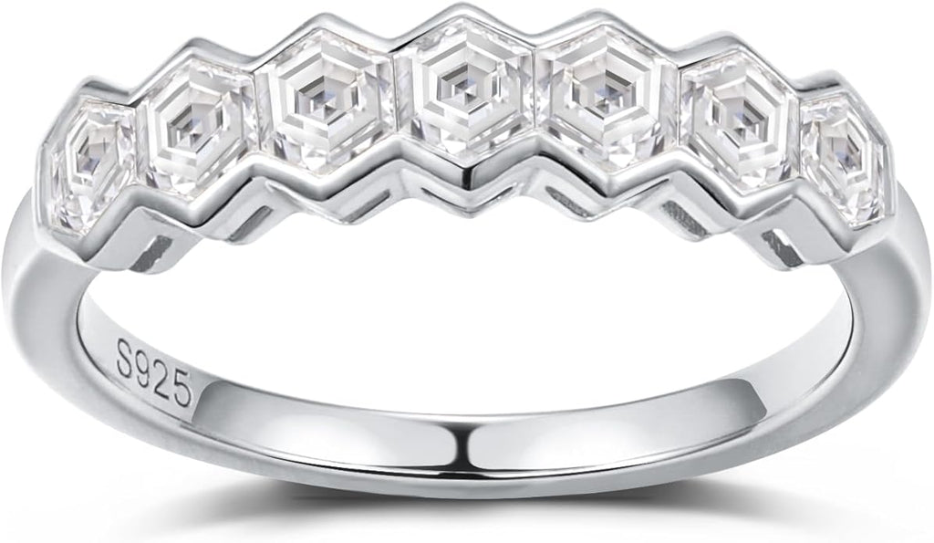 FWM D Color VVS1 Clarity Moissanite Hexagonal Eternity Rings for Women, Solid 925 Sterling Silver, Size 4-11, Stackable Wedding Band, Anniversary Mothers Day Valentines Jewelry