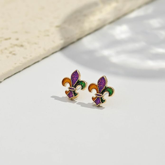 MardiGras Stud Earrings for Women Glitter Delicate Compact Flower Mask Hat Lips Stud Earring Charm Green Purple Gold Carnival Earring Cute MardiGras Jewelry Accessories for Women