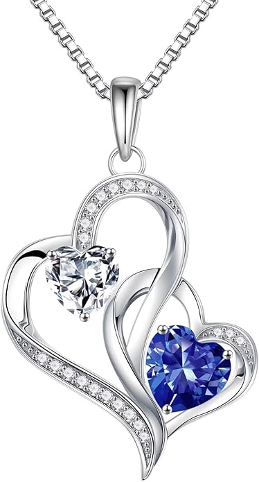 Iefil Valentines Day Gifts for Her - 925 Sterling Silver Double Birthstone Necklace, Heart Necklaces for Women, Anniversary Birthday Gifts, Personalized Jewelry Gift for Wife Mom Girlfriend