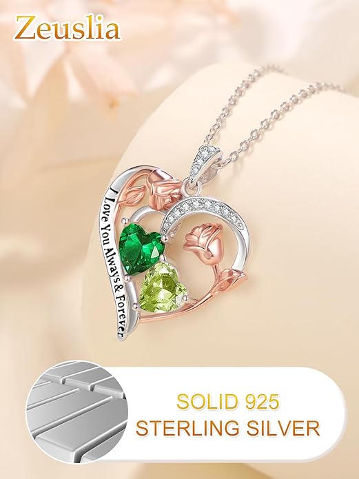 Valentine's Day Gifts for Wife 925 Sterling Silver Double Birthstone Pendant Necklaces I Love You for Always and Forever Necklace Anniversary Birthday Gifts for Wife Girlfriend Mom Her
