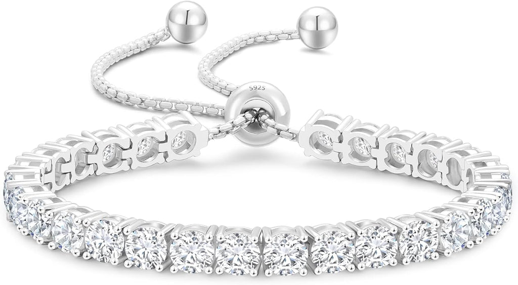 KRKC&CO Tennis Bracelet, Adjustable Length S925 Sterling Silver 2/3/4mm, Christmas Birthday Gifts for Her, Gift Box, Cubic Zirconia Bolo Bracelets for Women White/14K Gold Plated, Hypoallergenic