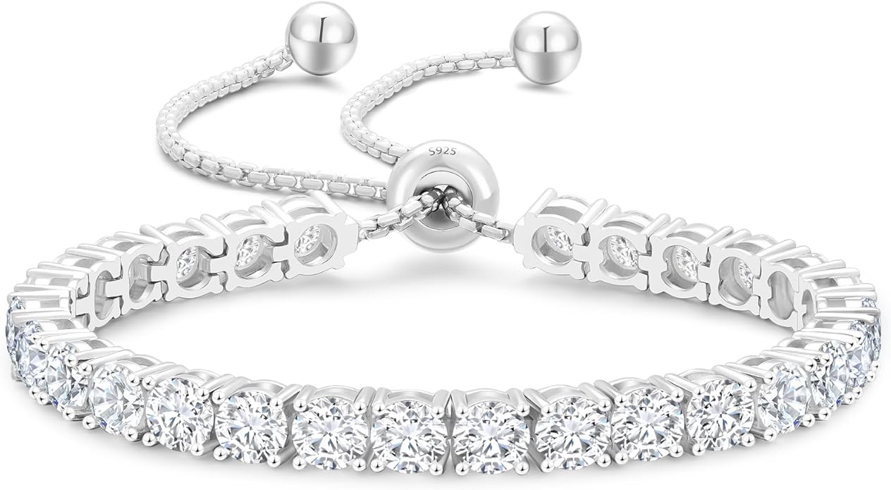 KRKC&CO Tennis Bracelet, Adjustable Length S925 Sterling Silver 2/3/4mm, Christmas Birthday Gifts for Her, Gift Box, Cubic Zirconia Bolo Bracelets for Women White/14K Gold Plated, Hypoallergenic