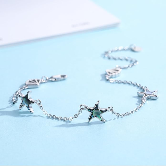 Cuoka Abalone Starfish Bracelet for Women S925 Silver Plated Adjustable Shell Sea Beach Ocean Bracelet Summer Beach Jewelry