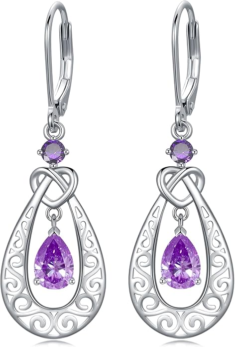 Teardrop Birthstone Dangle Drop Earrings Sterling Silver Infinity Filigree Leverback Earrings, Infinity Love Birthday Anniversary Valentines Day Gifts for Her Women Mom Wife