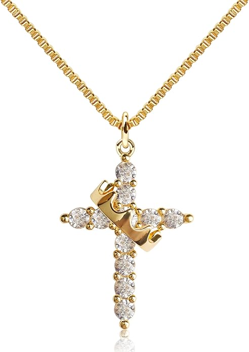 Crown Cross Necklace for Women, 14K Gold Silver Cubic Zirconia Crown Cross Necklace, Diamond Gold Silver Cross Necklaces, Dainty Cross Faith Simple Trendy Charm Jewelry Gift for Women