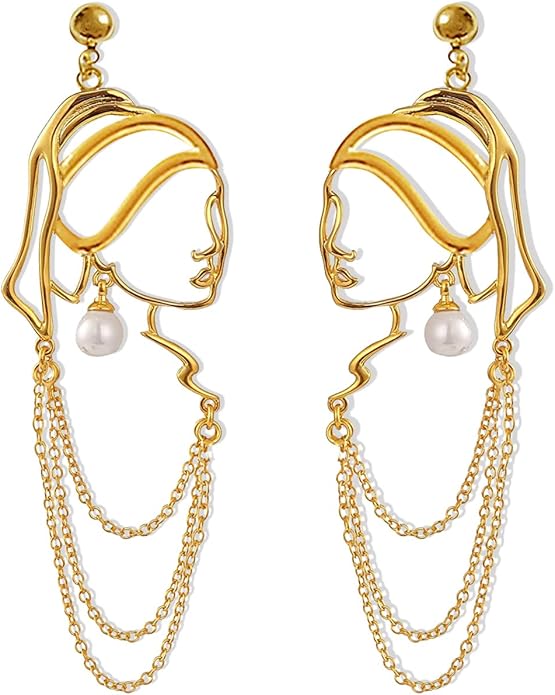 Unique Abstract Face Art Long Drop Dangle Earrings Dainty Hollow Gold Vintage Face Geometric Dangle Earrings Statement Jewelry for Women Girls