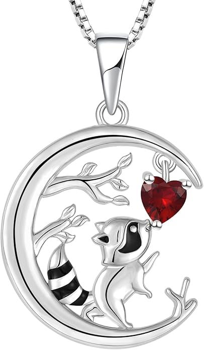 STARCHENIE Raccoon Necklace 925 Sterling Silver Heart Birthstone Pendant Cute Animal Jewelry for Women