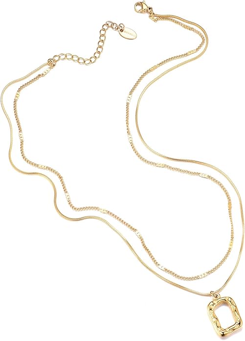 Evabelle Gold Layered Necklace for Women Trendy Jewelry 14K Real Gold Plated Chunky Chain Stackable Necklaces Dainty Choker Necklaces Rectangle Square Pendant
