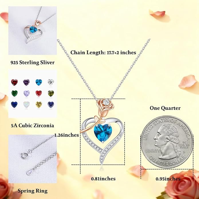 immobird Rose Gold Heart Necklace Birthstone Jewelry Sterling Silver Jewelry Plated White Gold Valentine's Day Gift Women for Wife Mom Necklace for Women