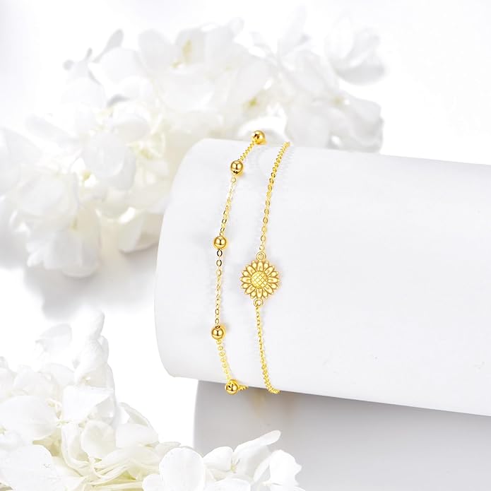 KECHO 14k Yellow Gold Butterfly/Dragonfly/Frog/Sunflower/Daisy/Tree of life/Moon/Clover Bracelet Anklet for Women