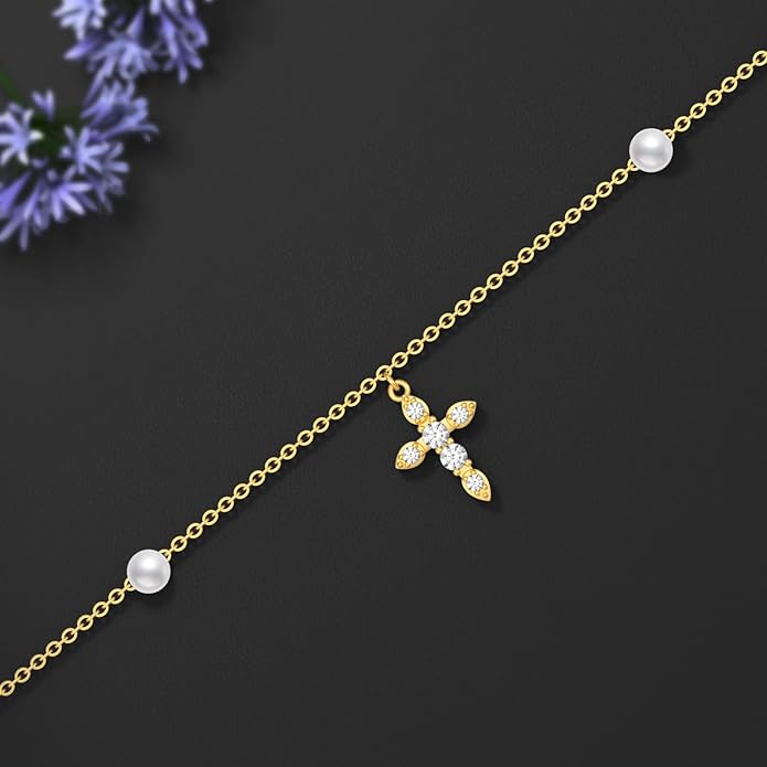 Solid 14K Gold Cross/Heart Anklet for Women, Real Gold Cross Bracelet Adjustable Beach Foot Ankle Bracelet Religious Fine Jewelry Gifts for Her Wife Mom Nana