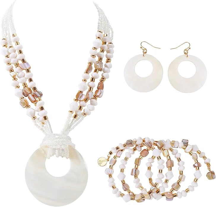 Jewelry Sets for Women 4 Pcs Chunky Beaded Mrs Roper Costume Jewelry for Women Boho Multi Strand Colorful Shell Necklace for Women