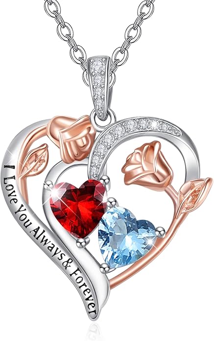 Valentine's Day Gifts for Wife 925 Sterling Silver Double Birthstone Pendant Necklaces I Love You for Always and Forever Necklace Anniversary Birthday Gifts for Wife Girlfriend Mom Her