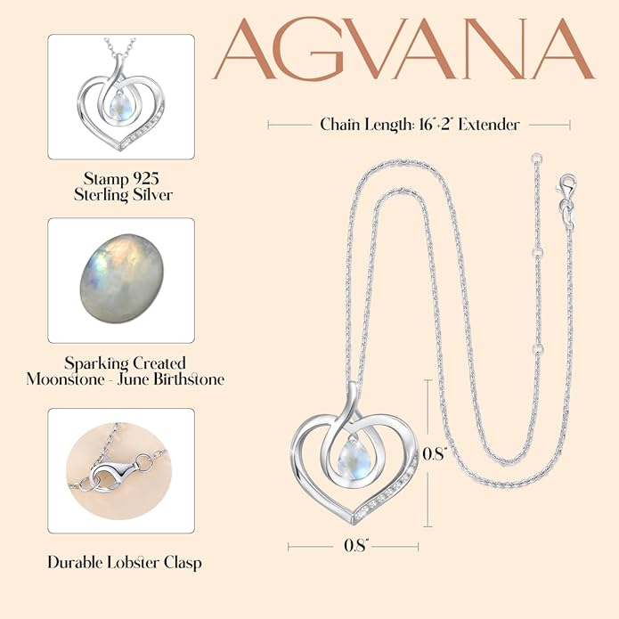 AGVANA Valentines Day Gifts Heart Birthstone Necklace for Women Sterling Silver Genuine or Created Gemstone Forever Love Pendant Necklace Fine Jewelry Anniversary Birthday Gifts for Women Mom Wife
