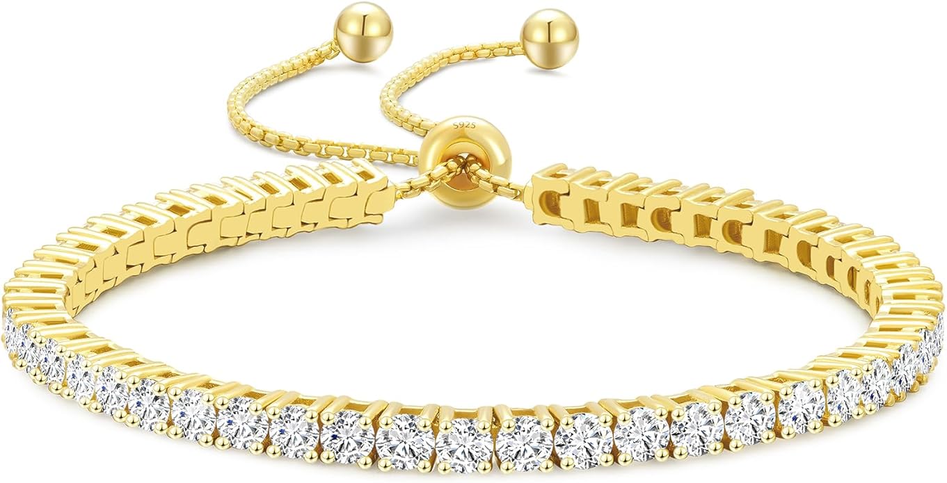 KRKC&CO Tennis Bracelet, Adjustable Length S925 Sterling Silver 2/3/4mm, Christmas Birthday Gifts for Her, Gift Box, Cubic Zirconia Bolo Bracelets for Women White/14K Gold Plated, Hypoallergenic